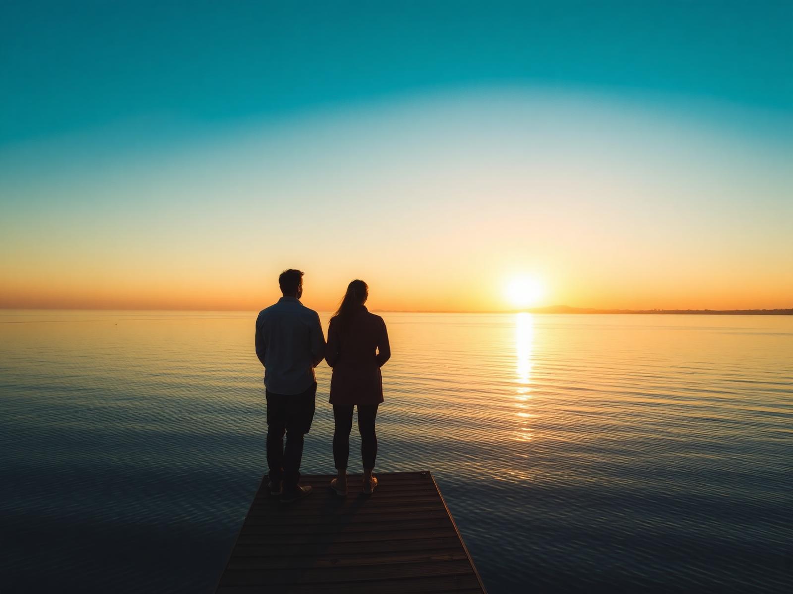 Dos viajeros contemplando el amanecer sobre un mar en calma